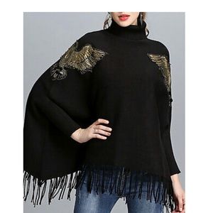Coeur De Vague Embroidered Fringe Poncho Cloak NWT